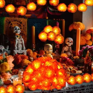 Solar LED Marigold Flower String Lights for Halloween Day of the Dead Festive Party Decor
