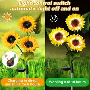 Solar sunflower garden light detail view showing daytime charging and night lighting working modes.