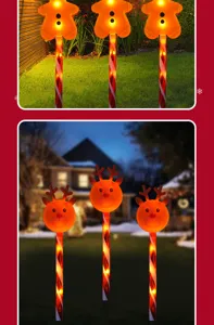 Détail de lampes solaires de jardin de Noël LED affichant des figures lumineuses la nuit.