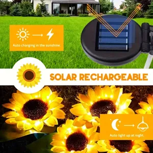 Solar sunflower garden lawn light detail showing solar panel charging and night glowing effect.