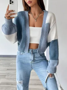 Stijlvolle colorblock lang mouw gebreid vest trui casual retro dames bovenkleding