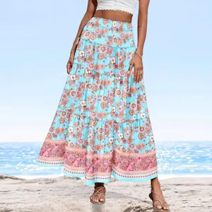 Boho floral print maxi skirt for women, high waist casual long beach skirt, elegant holiday wear.