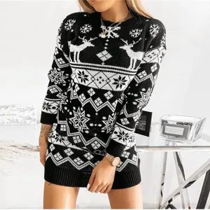 Christmas reindeer snowflake jacquard long sleeve sweater dress for women winter warm