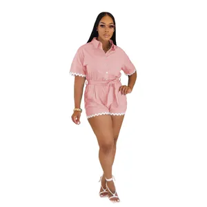 Mameluco corto casual rosa para mujer con cuello solapa manga corta y lazo moda urbana estilo