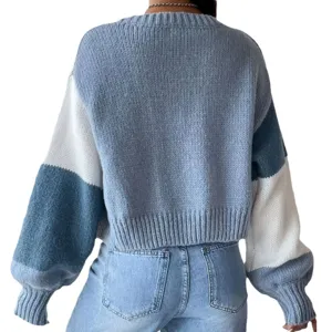 Detailweergave dames kleurenblok retro casual lange mouw gebreide trui jas stijl.