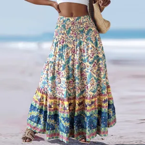 Bohemian floral maxi skirt for women, high waist loose casual beach long skirt detail view.