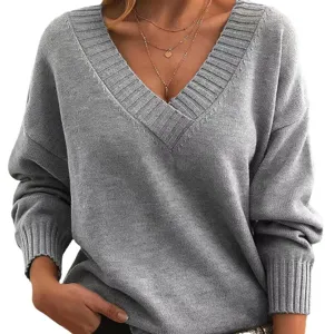 Women casual loose V-neck knit sweater, solid grey long sleeve pullover top main view