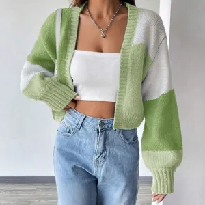 Dames Casual Retro Kleurblok Gestreept Lang Mouw Gebreid Vest Trui V-Hals Open Voorkant Herfst Bovenkleding