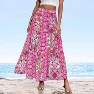 Details of women's boho high waist printed maxi skirt, perfect for summer beach holiday.