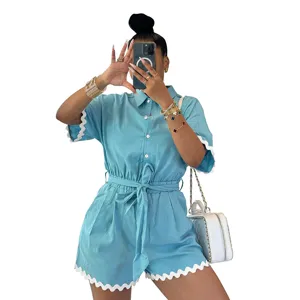 Romper casual de manga corta con ribete festoneado y cintura con lazo para mujer moda