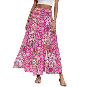 Bohemian pink paisley print long maxi skirt, high waist tiered skirt for women summer beach.