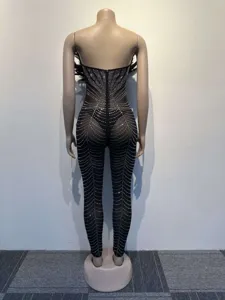 Black rhinestone mesh feather strapless jumpsuit sexy back view bodycon party clubwear