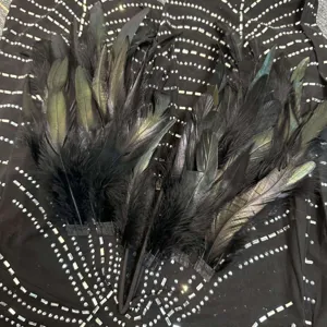 Detailed shot of women's black feathered rhinestone spliced jumpsuit apparel design.