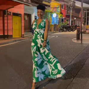 Women Fashion Floral Printed Sleeveless Deep V Neck Waist Cinching Slim A Line Long Maxi Dress Sexy Party Club Wear