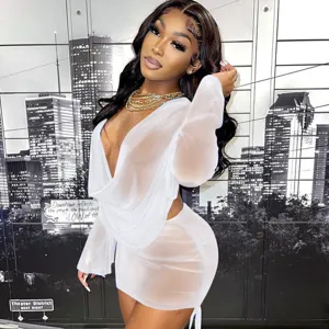 Sexy sheer mesh two-piece set for women, long sleeve deep V neck top and ruched mini skirt.