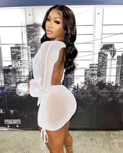 Sexy sheer mesh long sleeve backless bodycon dress clubwear outfit for women, perfect for parties.