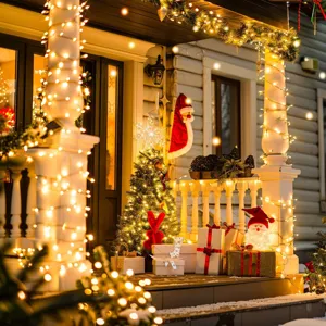 Catena luminosa a LED calda splendidamente decorata su un portico natalizio festivo.