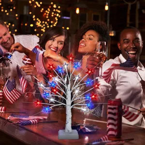 LED birch tree light with red white blue stars for patriotic holiday party decor detail
