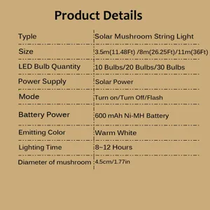 Solar mushroom string light detailed technical specifications and size parameters chart.