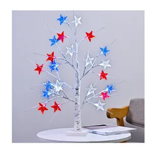 Detailed view of the red white and blue star branch light on a modern white table setup.