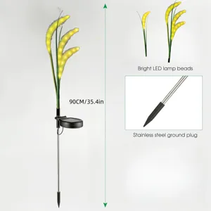 Solar garden light detail showing bright LED beads, stainless steel ground plug, and 90cm height.