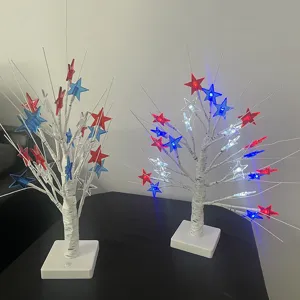 LED Independence Day birch tree light with red white and blue star decorations for holiday.
