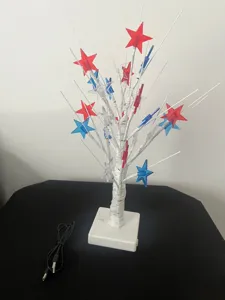 LED birch tree light with red white blue stars for holiday home decor detail view