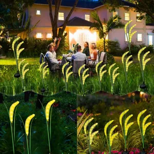 Detailed view of LED solar foxtail grass lights illuminating outdoor gardens and lawns nicely.