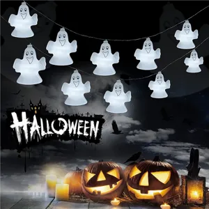 Catena luminosa LED Halloween con fantasmi bianchi, decorazione spettrale per feste all'aperto.