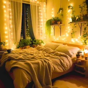 Warme LED Lichterkette für Schlafzimmer Weihnachten und gemütliche Dekoration stimmungsvolles Licht.