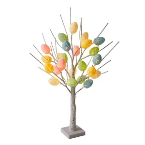 LED Easter tree light with crackled eggs, birch twig branches for home party decor and holiday setup