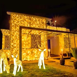 Warme LED Lichterkette beleuchtet Hausfassade mit leuchtenden Rentier Gartendekorationen.