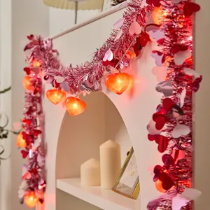 Valentine Heart Tinsel Garland String Lights Festive Mantelpiece Hanging Decor Red and Pink