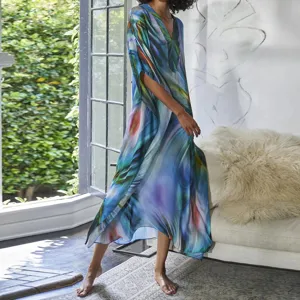 Vestito lungo mare stampa astratta scollo a V caftano largo da donna - dettagli