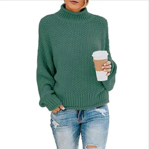 Gemütlicher grüner Rollkragenpullover für Damen, lässiger Langarm-Strickpulli für den Herbst.