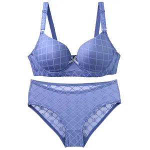 Blue grid women bra and panties set push up comfortable and breathable lingerie