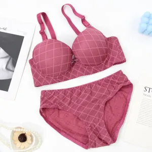 Women's push-up bra and panty lingerie set, comfortable breathable grid design underwear.