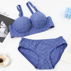 Detailed view of blue grid padded bra and panties set, highlighting comfortable fit and design.