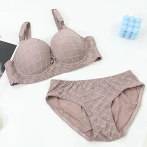 Detailed shot of women's grid pattern bra and panty set in soft taupe, comfortable and breathable.