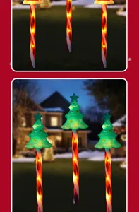 Christmas outdoor LED solar stake lights, candy cane and tree garden lawn decor details.