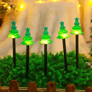 Solar Christmas tree ground stake lights detail view with glowing LED for outdoor garden decor.