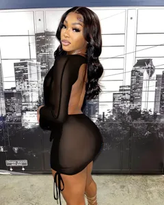 Sexy sheer mesh long sleeve backless bodycon dress clubwear two piece set detail.