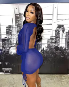 Sexy royal blue sheer mesh long sleeve backless bodycon mini dress for clubwear outfit
