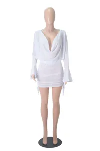 Sexy white sheer mesh long sleeve deep V-neck bodycon mini dress two piece set for women.