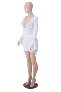 Close-up of white mesh long sleeve deep V-neck dress detail showcasing sheer fabric texture.