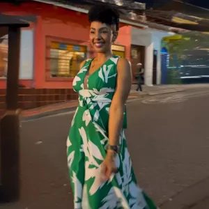 Sleeveless deep V-neck green leaf print maxi dress for women, waist-cinching slim fit.