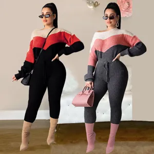Women's fashion colorblock knit sweater and drawstring pants two-piece set casual outfit