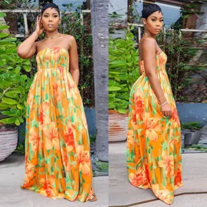 Women's Sexy Strapless Sleeveless Floral Print High Waist Loose Wide Leg Jumpsuit Casual Summer Vacation Long Pant Romper