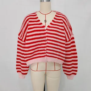 Women's V-Neck Pink Red Striped Long Sleeve Knit Cardigan Sweater Casual Chic Daily Top