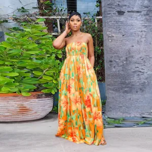 Women's Sexy Strapless Floral Print Jumpsuit Summer Casual Loose Wide Leg Long Romper